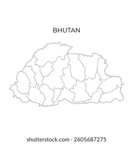 A black line map of Bhutan displaying its internal administrative divisions, with the country name labeled above on a white background