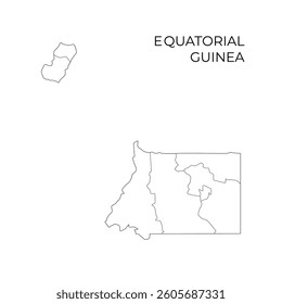 A black line map of Equatorial Guinea showing its mainland and island administrative divisions, with the country name labeled above on white background