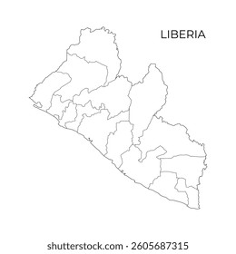 A black line map of Liberia displaying its internal administrative divisions, with the country name labeled above on a white background