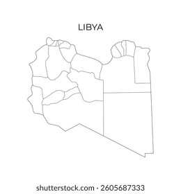 A black line map of Libya displaying its internal administrative divisions, with the country name labeled above on a white background
