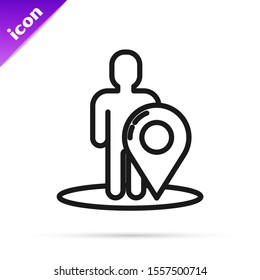 Black line Map marker with a silhouette of a person icon isolated on white background. GPS location symbol.  Vector Illustration