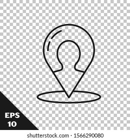Black line Map marker with a silhouette of a person icon isolated on transparent background. GPS location symbol.  Vector Illustration
