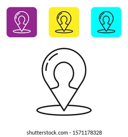 Black line Map marker with a silhouette of a person icon isolated on white background. GPS location symbol. Set icons colorful square buttons. Vector Illustration