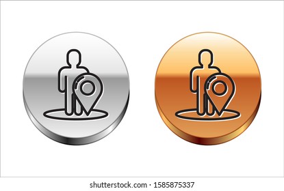 Black line Map marker with a silhouette of a person icon isolated on white background. GPS location symbol. Silver-gold circle button. Vector Illustration