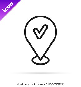 Black line Map pin with check mark icon isolated on white background. Navigation, pointer, location, map, gps, direction, place, compass, search concept.  Vector