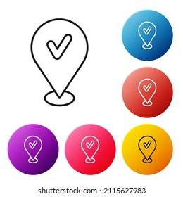 Anclaje de mapa de línea negra con icono de marca de verificación aislado en fondo blanco. Navegación, puntero, ubicación, mapa, gps, dirección, lugar, brújula, concepto de búsqueda. Establece los iconos de los botones de círculo coloridos. Vector