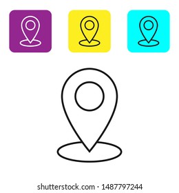 Black line Map pin icon on white background. Navigation, pointer, location, map, gps, direction, place, compass, contact, search concept. Set icons colorful square buttons. Vector Illustration