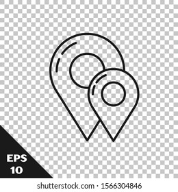 Black line Map pin icon isolated on transparent background. Navigation, pointer, location, map, gps, direction, place, compass, contact, search concept.  Vector Illustration