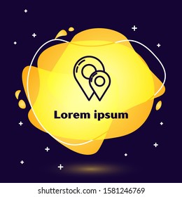 Black line Map pin icon on blue background. Navigation, pointer, location, map, gps, direction, place, compass, contact, search concept. Abstract banner with liquid shapes. Vector Illustration