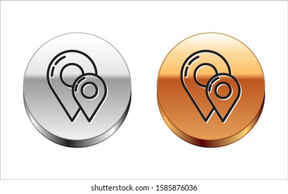 Black line Map pin icon isolated on white background. Navigation, pointer, location, map, gps, direction, place, compass, contact, search concept. Silver-gold circle button. Vector Illustration