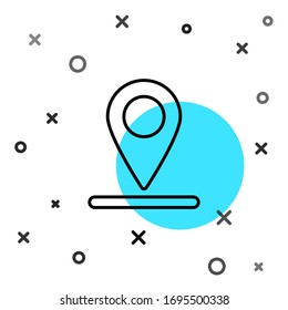 Black line Map pin icon isolated on white background. Navigation, pointer, location, map, gps, direction, place, compass, search concept. Random dynamic shapes. Vector Illustration
