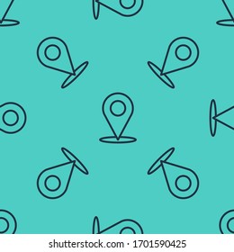Black line Map pin icon isolated seamless pattern on green background. Navigation, pointer, location, map, gps, direction, place, compass, search concept.  Vector Illustration