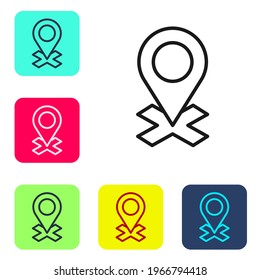 Icono de alfiler de mapa de línea negra aislado en fondo blanco. Navegación, puntero, ubicación, mapa, gps, dirección, lugar, brújula, concepto de búsqueda. Establezca iconos en los botones cuadrados de color. Ilustración vectorial