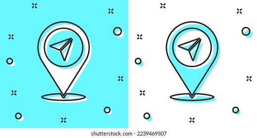 Icono de alfiler de mapa de línea negra aislado en fondo verde y blanco. Navegación, puntero, ubicación, mapa, gps, dirección, lugar, brújula, concepto de búsqueda. Formas dinámicas aleatorias. Ilustración vectorial