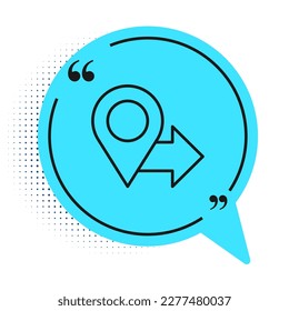 Black line Map pin icon isolated on white background. Navigation, pointer, location, map, gps, direction, place, compass, search concept. Blue speech bubble symbol. Vector Illustration