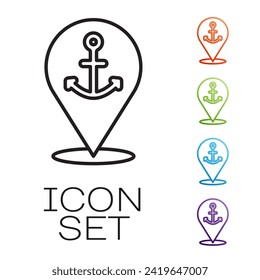 Black line Map pointer with anchor icon isolated on white background. Set icons colorful. Vector