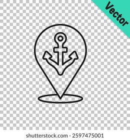 Black line Map pointer with anchor icon isolated on transparent background.  Vector