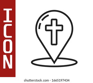 Black line Map pointer with christian cross icon isolated on white background.  Vector Illustration