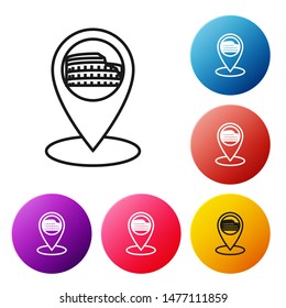 Black line Map pointer with Coliseum in Rome, Italy icon isolated on white background. Colosseum sign. Symbol of Ancient Rome, gladiator fights. Set icons colorful circle buttons. Vector Illustration