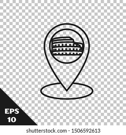 Black line Map pointer with Coliseum in Rome, Italy icon isolated on transparent background. Colosseum sign. Symbol of Ancient Rome, gladiator fights.  Vector Illustration