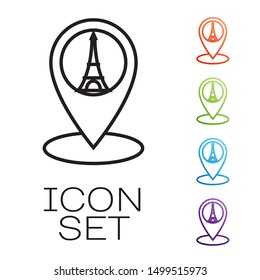 Black line Map pointer with Eiffel tower icon isolated on white background. France Paris landmark symbol. Set icons colorful. Vector Illustration