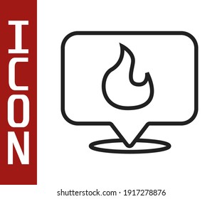 Black line Map pointer with fire flame icon isolated on white background. Fire nearby.  Vector