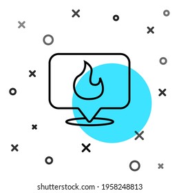 Schwarzer Zeiger auf der Karte mit Feuer, Symbol einzeln auf weißem Hintergrund. Feuer in der Nähe. Zufällige dynamische Formen. Vektorgrafik