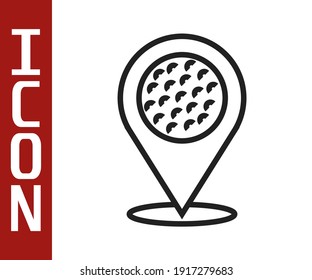 Black line Map pointer with golf sport club icon isolated on white background.  Vector