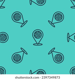 Black line Map pointer with golf sport club icon isolated seamless pattern on green background.  Vector