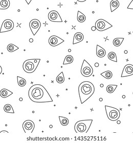 Black line Map pointer with heart icon isolated seamless pattern on white background.  Vector Illustration