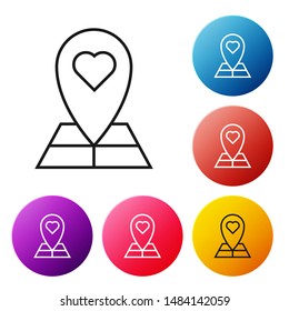 Black line Map pointer with heart icon isolated on white background. Valentines day. Love location. Romantic map pin. Set icons colorful circle buttons. Vector Illustration