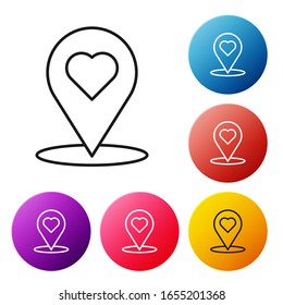 Black line Map pointer with heart icon isolated on white background. Valentines day. Love location. Romantic map pin. Set icons colorful circle buttons. Vector Illustration