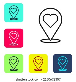 Black line Map pointer with heart icon isolated on white background. Valentines day. Love location. Romantic map pin. Set icons in color square buttons. Vector