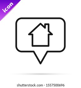 Black line Map pointer with house icon isolated on white background. Home location marker symbol.  Vector Illustration
