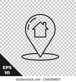 Black line Map pointer with house icon isolated on transparent background. Home location marker symbol.  Vector Illustration