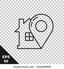 Black line Map pointer with house icon isolated on transparent background. Home location marker symbol.  Vector Illustration