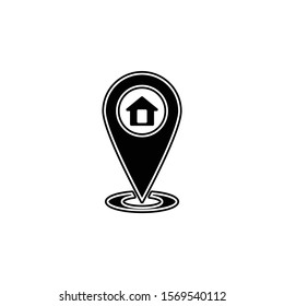 Black line Map pointer with house icon isolated. Home location marker symbol. Vector Illustration