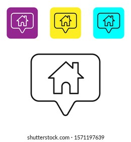 Black line Map pointer with house icon isolated on white background. Home location marker symbol. Set icons colorful square buttons. Vector Illustration