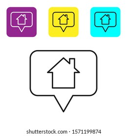 Black line Map pointer with house icon isolated on white background. Home location marker symbol. Set icons colorful square buttons. Vector Illustration
