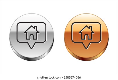 Black line Map pointer with house icon isolated on white background. Home location marker symbol. Silver-gold circle button. Vector Illustration