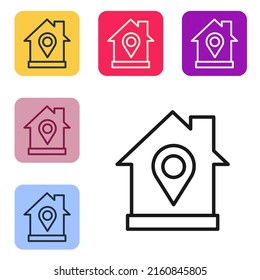 Black line Map pointer with house icon isolated on white background. Home location marker symbol. Set icons in color square buttons. Vector