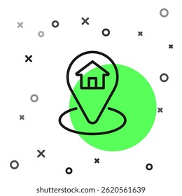 Zwarte lijn Kaart pointer met huis pictogram geïsoleerd op een witte achtergrond. Symbool voor thuislocatie-markering.  vector