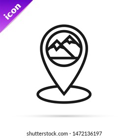Black line Map pointer with mountain icon isolated on white background. Mountains travel icon.  Vector Illustration