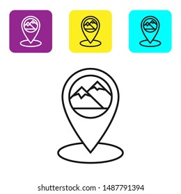 Black line Map pointer with mountain icon isolated on white background. Mountains travel icon. Set icons colorful square buttons. Vector Illustration