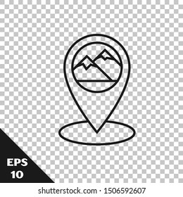Black line Map pointer with mountain icon isolated on transparent background. Mountains travel icon.  Vector Illustration