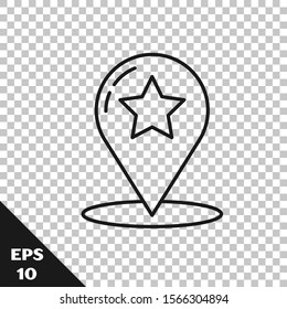 Black line Map pointer with star icon isolated on transparent background. Star favorite pin map icon. Map markers.  Vector Illustration