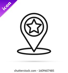 Black line Map pointer with star icon isolated on white background. Star favorite pin map icon. Map markers.  Vector Illustration
