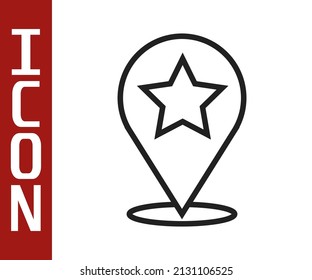 Black line Map pointer with star icon isolated on white background. Star favorite pin map icon. Map markers.  Vector Illustration