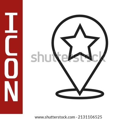Black line Map pointer with star icon isolated on white background. Star favorite pin map icon. Map markers.  Vector Illustration