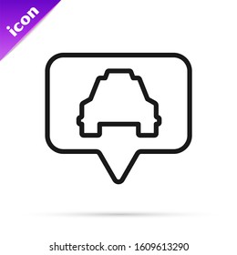 Black line Map pointer with taxi icon isolated on white background. Location symbol.  Vector Illustration
